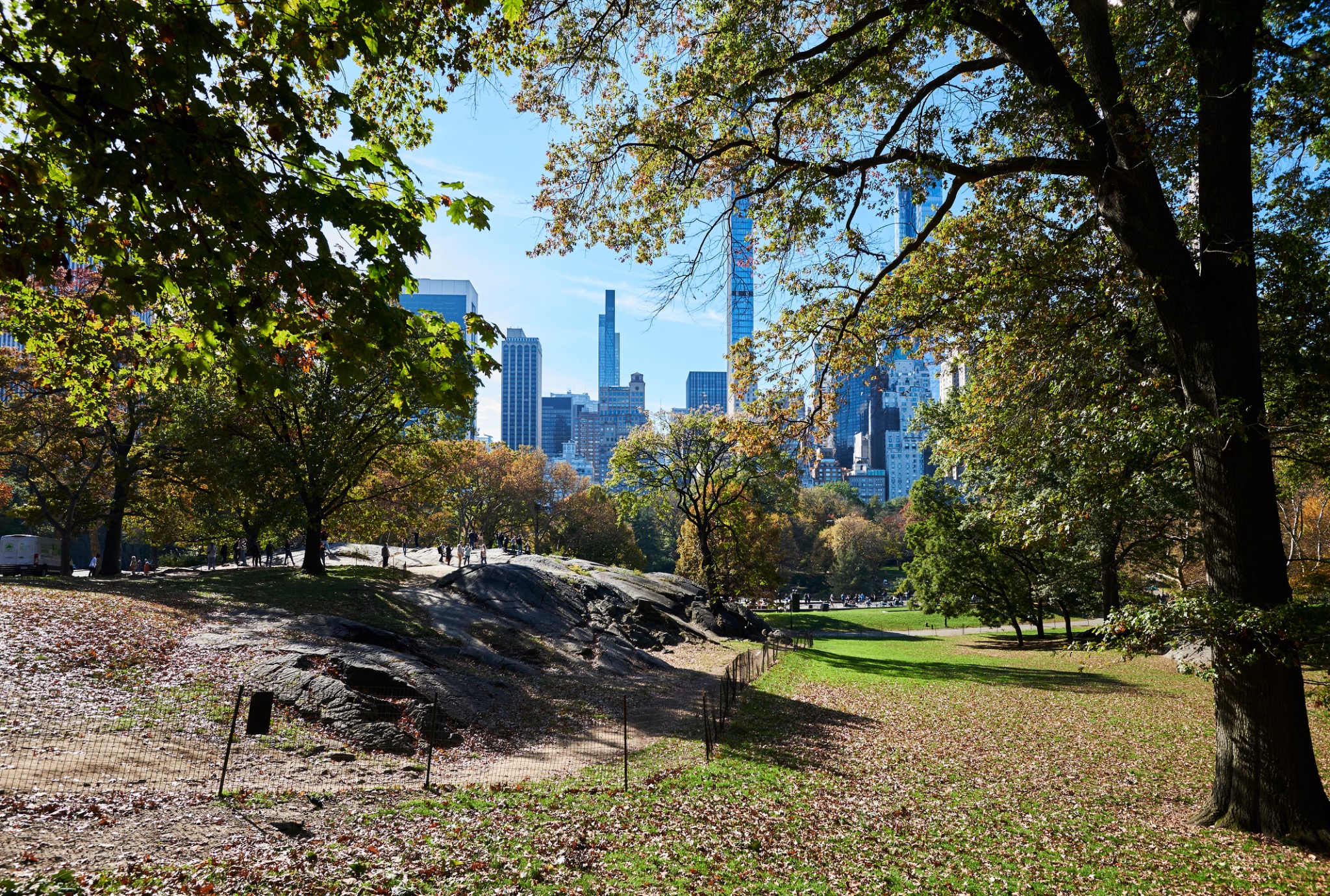 Manhattan towers seen through trees and rock in Central Park